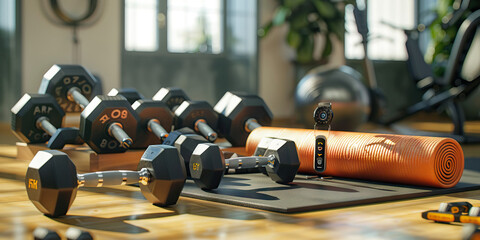 Dynamic Personal Trainer's Studio: Gym equipment like dumbbells and a yoga mat, along with a fitness tracker, signifying a hardworking personal trainer