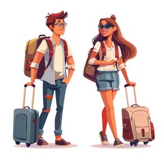 Whimsical wanderlust: amusing cartoons showcase tourists with suitcases, embarking on vibrant vacation escapades filled with fun, discovery, and adventure, exploring the world's wonders.