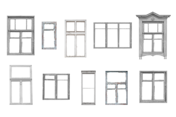 Old white window frames, different shapes isolated on white background.	