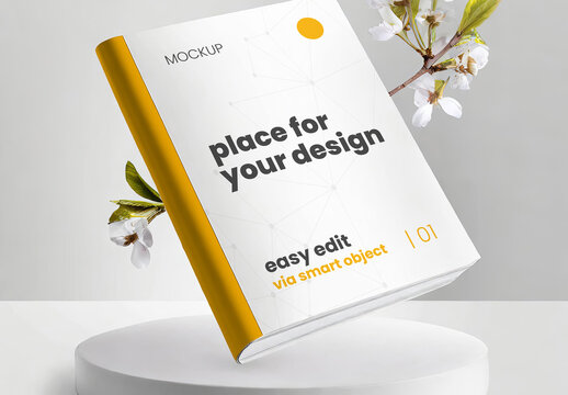 Book on stand flowers on infinte background cover mockup Generative Ai