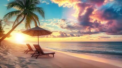 A tranquil beach scene at sunset with two lounge chairs under a straw umbrella facing the ocean. Palm trees and a vibrant sky with hues of orange, yellow, and blue add to the serene atmosphere