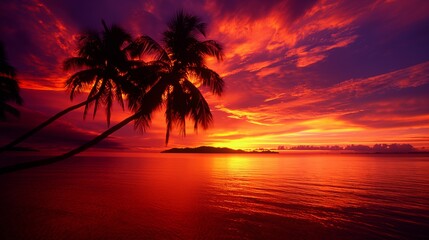Obraz premium A breathtaking sunset over a tropical beach with silhouetted palm trees, vibrant red and orange hues in the sky reflecting on the calm ocean water, creating a stunning and tranquil scene