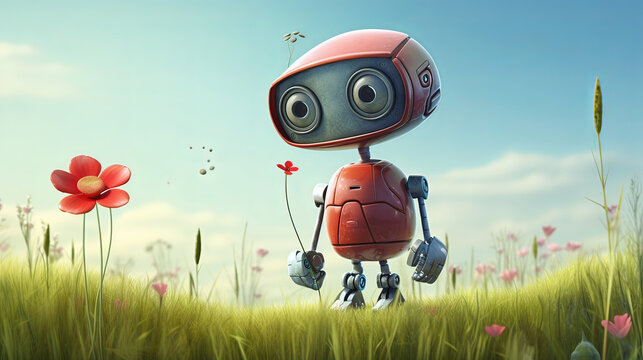 A cute robot holding a flower, in the 3D illustration style, cute, kawaii character design on a simple background, a high resolution detailed texture with adorable details, the robot has a small anten