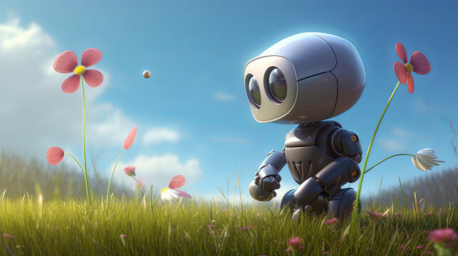 A cute robot holding a flower, in the 3D illustration style, cute, kawaii character design on a simple background, a high resolution detailed texture with adorable details, the robot has a small anten