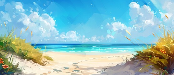 Summer Landscape. A beautiful beach with palm trees and white sand, waves crashing on the shore.