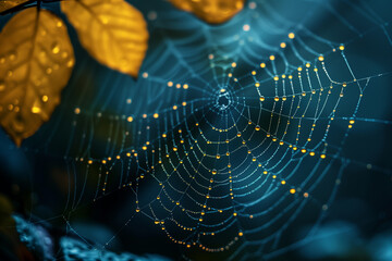 Naklejka premium Dew drops on a spider web in dark background, top view, 3d render