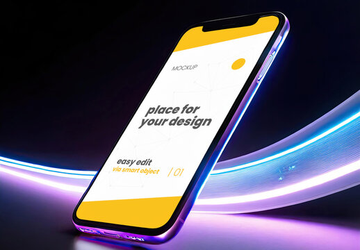 Simple Cellphone on dark background with light effects mockup 02 Generative Ai