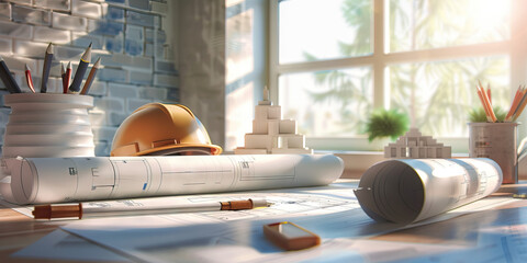 Innovative Engineer's Blueprint: Desk with blueprints, architectural models, and a hardhat.