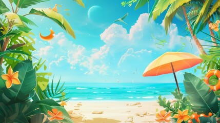Summer Landscape. A beautiful beach with palm trees and white sand, waves crashing on the shore.