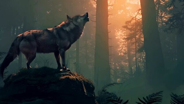 A wolf is standing on a rock in a forest, howling. Scene is wild and untamed, as the wolf is a symbol of strength and freedom.