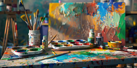 Vibrant Artist's Pallet: Colorful desk with paints, brushes, and a canvas.