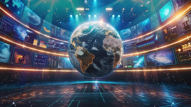 Detailed spinning globe takes center stage in advanced 3D virtual TV studio for global news.