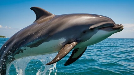 Obraz premium Dolphin jumping out of the ocean on a sunny day, showcasing playful marine wildlife in its natural habitat.