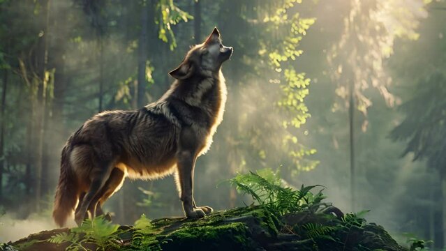 A wolf is standing on a rock in a forest, howling. Scene is wild and untamed, as the wolf is a symbol of strength and freedom.