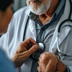  Close-up of a doctor using a stethoscope to check an elderly patient, providing medical care and attention.