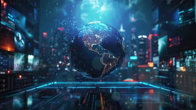 3D virtual TV studio featuring detailed globe with worldwide locations prominently on screen.