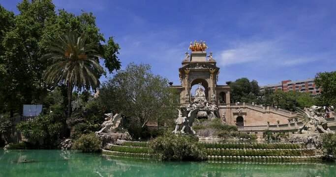 Barcelona Spain Parc de la Ciutadella fountain pan. Home to 4.8 million people. Cultural center and a major tourist destination. Mediterranean Sea..