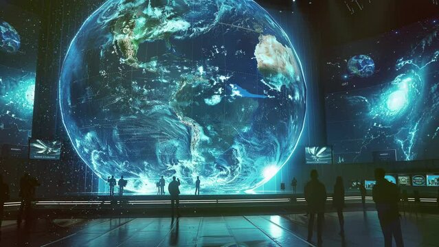 Detailed globe showcasing worldwide locations in a 3D virtual TV studio setting.