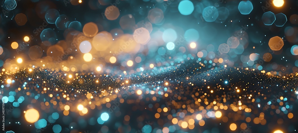 Poster teal backdrop with glitters and bokeh effect