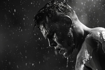 Black and white photo of a wounded and sweating boxer on guard, full-length shot 