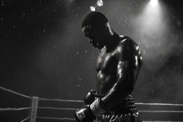 Black and white photo of a wounded and sweating boxer on guard, full-length shot 