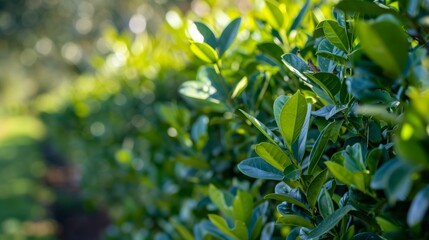 Close-up view of vibrant evergreen cherry laurel hedge leaves in sunlight