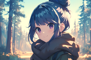 Une illustration manga montre une fille avec une queue de cheval et de longs cheveux bleus flottants, portant un manteau vert, se tenant dans une forêt luxuriante baignée de lumière. Son expression se