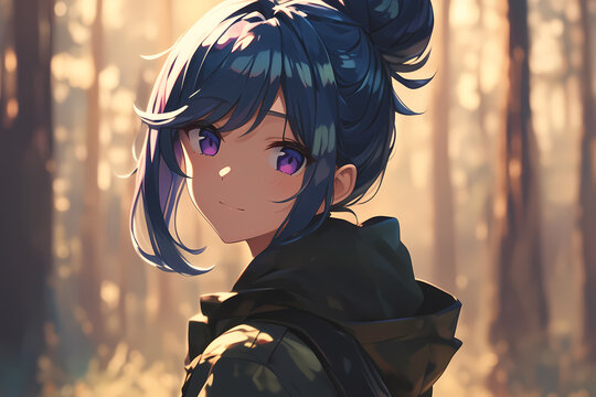 Une illustration manga montre une fille avec une queue de cheval et de longs cheveux bleus flottants, portant un manteau vert, se tenant dans une for&ecirc;t luxuriante baign&eacute;e de lumi&egrave;re. Son expression se