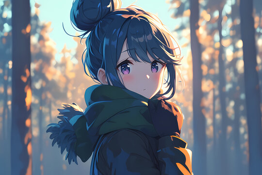 Une illustration manga montre une fille avec une queue de cheval et de longs cheveux bleus flottants, portant un manteau vert, se tenant dans une for&ecirc;t luxuriante baign&eacute;e de lumi&egrave;re. Son expression se