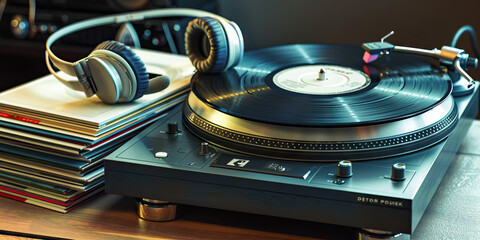Vintage Record Store: A turntable with a stack of vinyl records and a pair of vintage headphones.