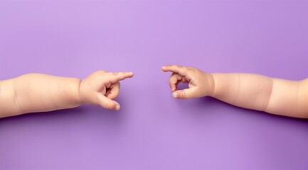 Baby hands reaching towards each other on purple background