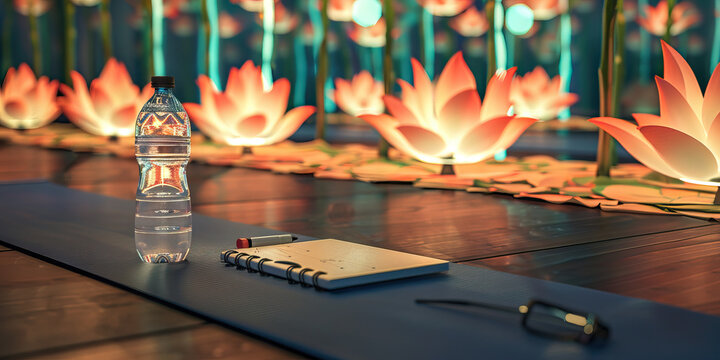 Serene Yoga Studio: A yoga mat with a journal and water bottle, in front of a row of lotus-flower-adorned mirrors.