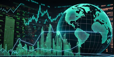 Fototapeta premium Green stock market graph rising with digital globe. Global market recovery