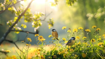 Beautiful birds on the background of forest, field, panorama of nature summer. Generative Ai