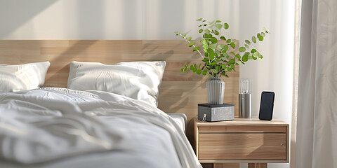 Minimalist Bedroom: Clean and simple bed with a modern smartphone and a plant on the nightstand.