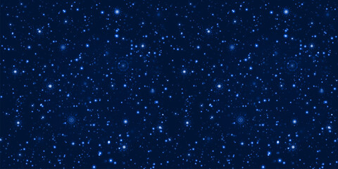 Night starry sky seamless pattern. Universe vector backdrop. Cosmic space template dark blue background. Stars and sparkles repeat wallpaper for winter holidays, astrology designs and cards