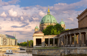 Embankment of the Spree River and Berlin Museum Island at sunset. Germany.