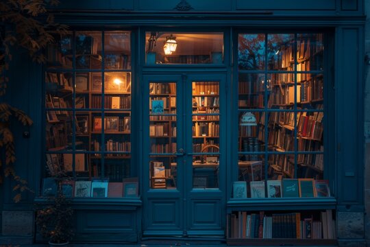 vintage bookstore with books on shelves at night with cozy lights view through door and windows