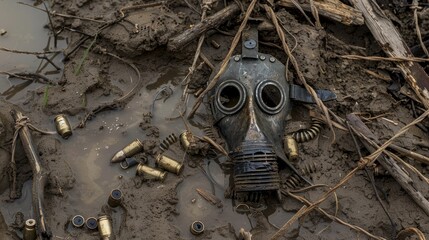 A discarded gas mask lying in the mud, surrounded by spent bullet casings and barbed wire, a chilling reminder of the brutality and environmental impact of war