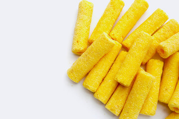Roller corn snack on white background