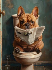 A French bulldog sits on a toilet while casually reading a newspaper, creating a humorous and quirky scene. The dog's expression adds to the comedic tone of this lighthearted image.