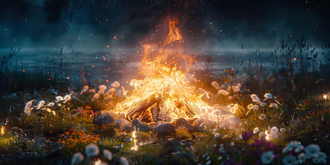 Large bonfire with glowing embers at night