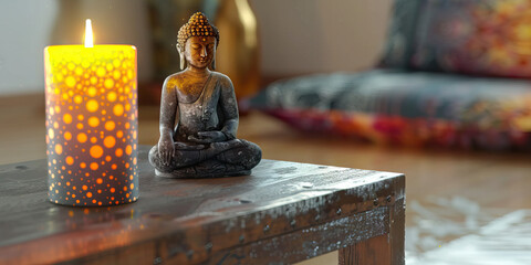 Ethereal Meditation Space: A minimalist desk with a candle and a buddha statue, sitting on a zabuton
