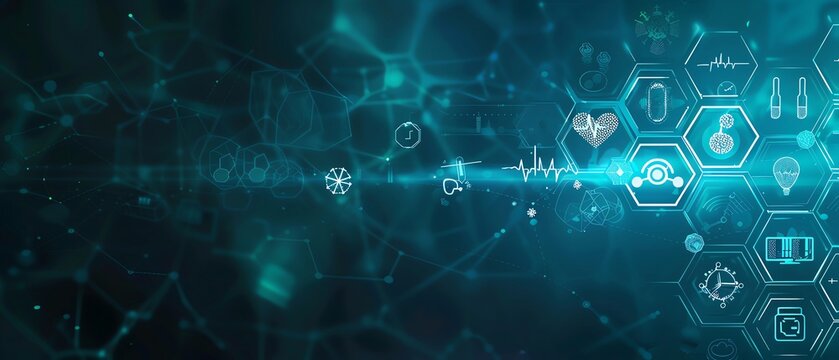 Healthcare technology and research with flat icons on abstract background, highlighting medical advancements and digital health