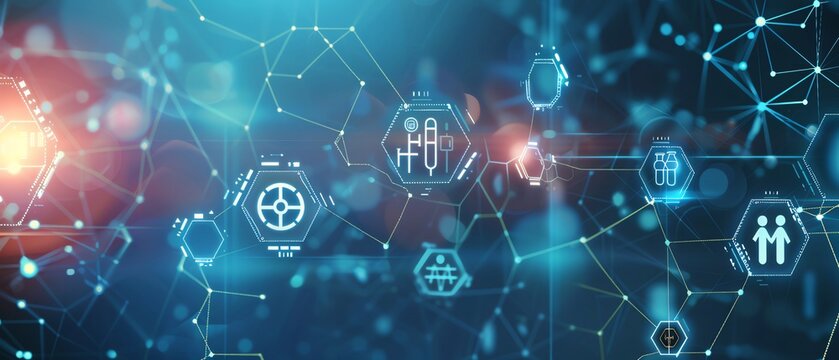 Medical background with symbols representing innovation in telemedicine, patient care, and digital health solutions