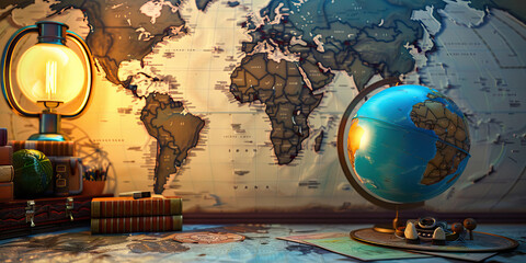 Traveler's Tale: A world map background, with a globe and travel souvenirs on a desk, reflecting an adventurous and nomadic lifestyle