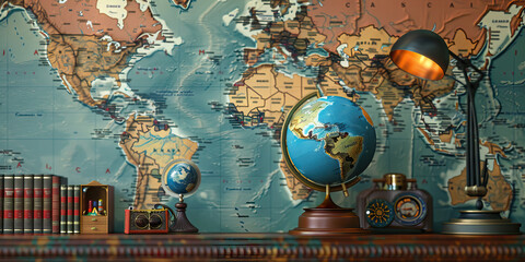 Traveler's Tale: A world map background, with a globe and travel souvenirs on a desk, reflecting an adventurous and nomadic lifestyle