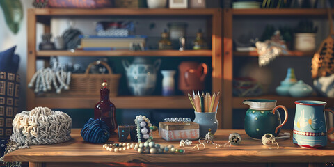 Handmade Haven: A desk filled with handcrafted items like jewelry, pottery, and knitted goods, representing a crafter's personal touch