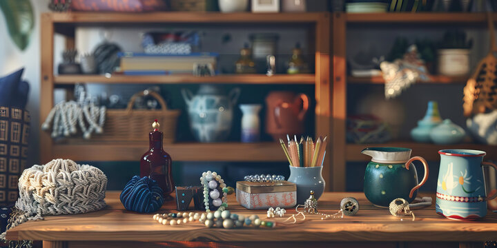Handmade Haven: A desk filled with handcrafted items like jewelry, pottery, and knitted goods, representing a crafter's personal touch
