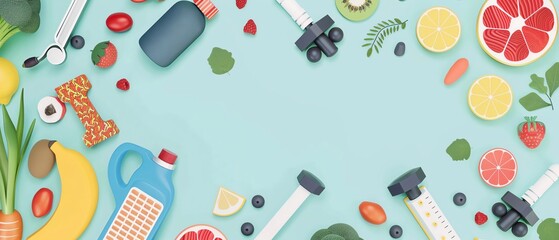 Healthy lifestyle with fitness icons, dietary foods, and exercise equipment for wellness